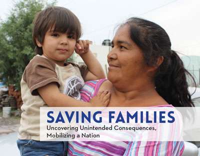 Cover of “Saving Familes.” An adult holds a child in their arms. The adult is looking at the child. The child is looking toward the viewer.